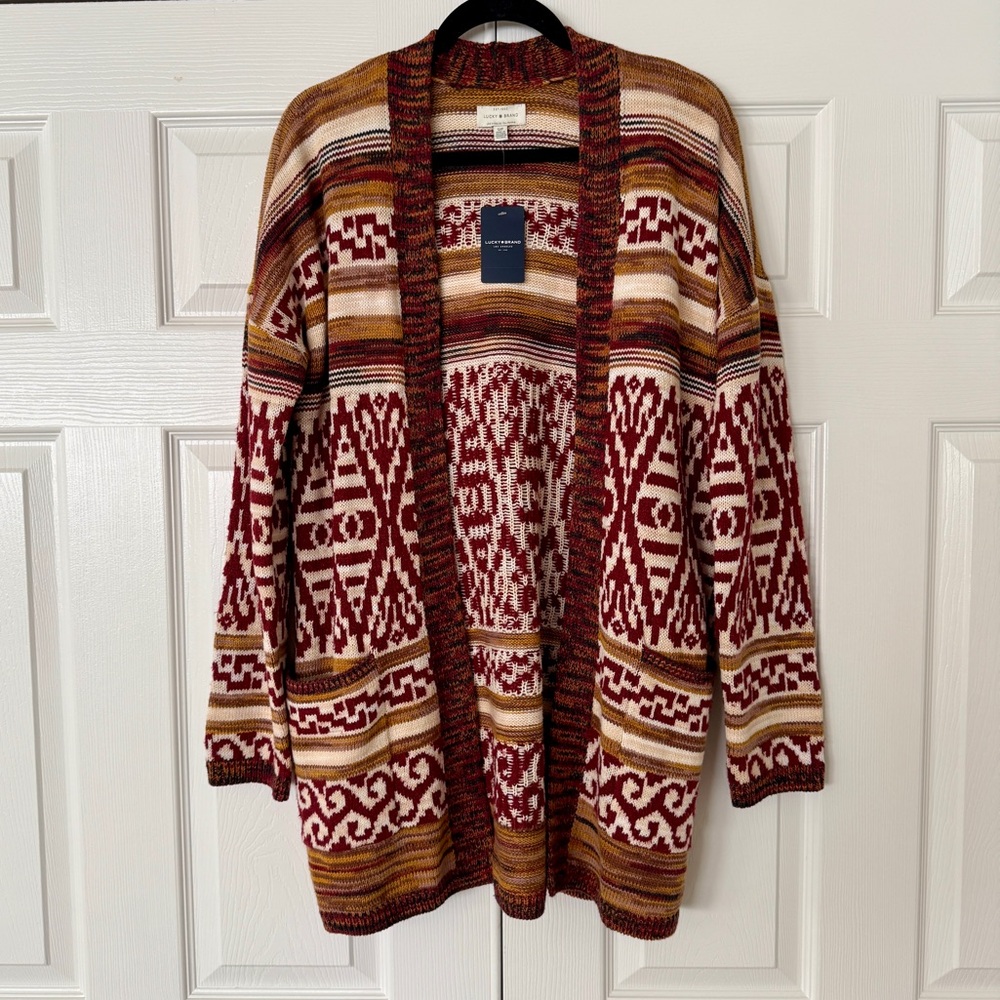 NWT Lucky Brand tribal patterned open front long line cardigan, size S